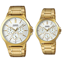 Đồng hồ cặp đôi Casio MTP-V300G-7A và LTP-V300G-7A Dây kim loại màu vàng - mặt trắng