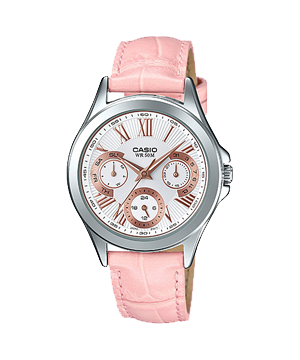 ĐỒNG HỒ CASIO LTP-E308L-4AVDF Đồng hồ kim nữ 6 kim - Dây da hồng