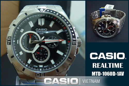 Đồng hồ nam Casio MTD-1060D-1AVDF Dây kim loại mạ bạc - Mặt đen 6 kim Thể  Thao