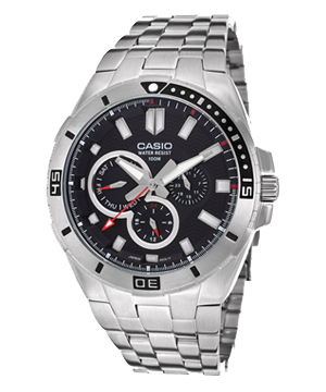 Đồng hồ nam Casio MTD-1060D-1AVDF Dây kim loại mạ bạc - Mặt đen 6 kim Thể Thao