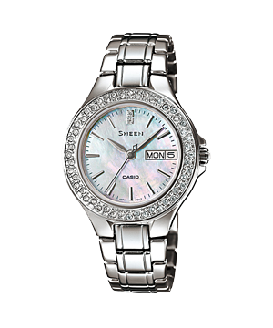 Đồng hồ Casio Sheen SHE-4800D-7AUDR Dây kim loại mạ bạc - Mặt trắng viền đính đá