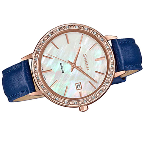 đồng hồ nữ SHE-4052PGL-7A dây da màu xanh